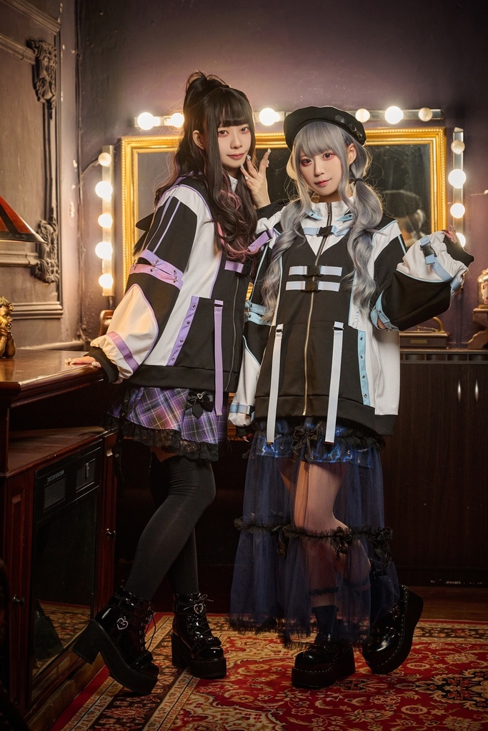 Jillpunk アニメ界隈 サバゲー テック 電脳サイバー サイバー猫 サブカル 水色 二次コン パステル色ベルト 取り外し可能な袖 ゆったり 猫耳長袖パーカー フード付きジャケット オリジナル 可愛いい 男女兼用カッコいい おしゃれ