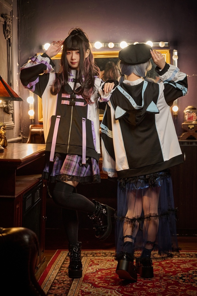 Jillpunk アニメ界隈 サバゲー テック 電脳サイバー サイバー猫 サブカル 水色 二次コン パステル色ベルト 取り外し可能な袖 ゆったり 猫耳長袖パーカー フード付きジャケット オリジナル 可愛いい 男女兼用カッコいい おしゃれ