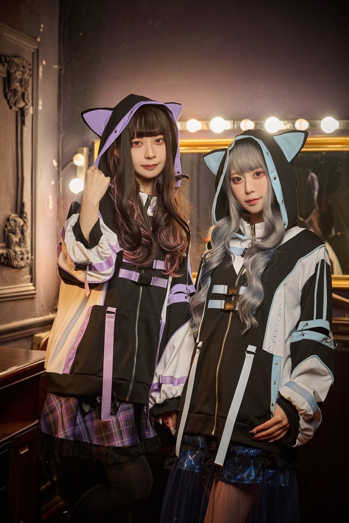 Jillpunk アニメ界隈 サバゲー テック 電脳サイバー サイバー猫 サブカル 水色 二次コン パステル色ベルト 取り外し可能な袖 ゆったり 猫耳長袖パーカー フード付きジャケット オリジナル 可愛いい 男女兼用カッコいい おしゃれ