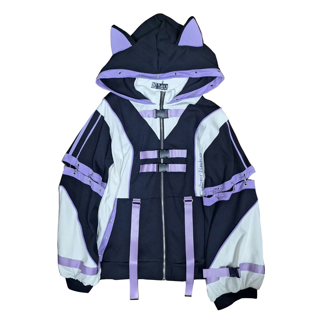 Jillpunk アニメ界隈 サバゲー テック 電脳サイバー サイバー猫 サブカル 水色 二次コン パステル色ベルト 取り外し可能な袖 ゆったり 猫耳長袖パーカー フード付きジャケット オリジナル 可愛いい 男女兼用カッコいい おしゃれ