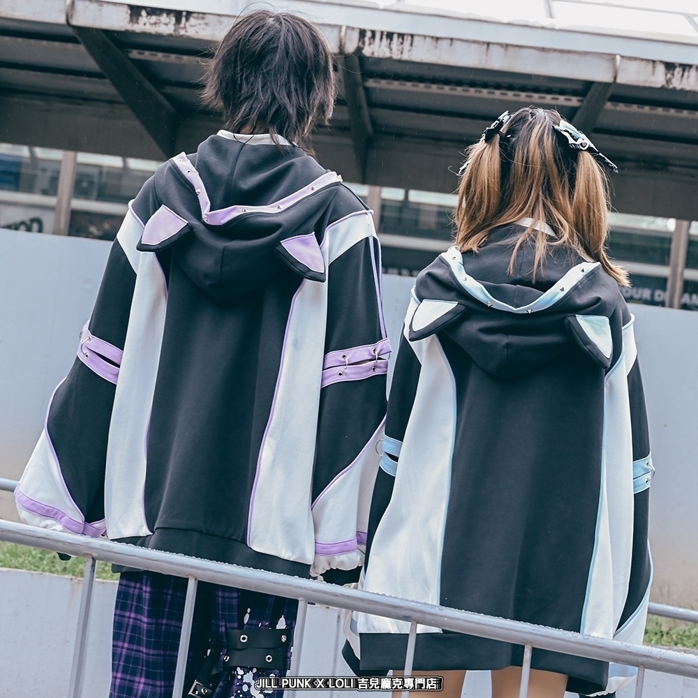 Jillpunk アニメ界隈 サバゲー テック 電脳サイバー サイバー猫 サブカル 水色 二次コン パステル色ベルト 取り外し可能な袖 ゆったり 猫耳長袖パーカー フード付きジャケット オリジナル 可愛いい 男女兼用カッコいい おしゃれ