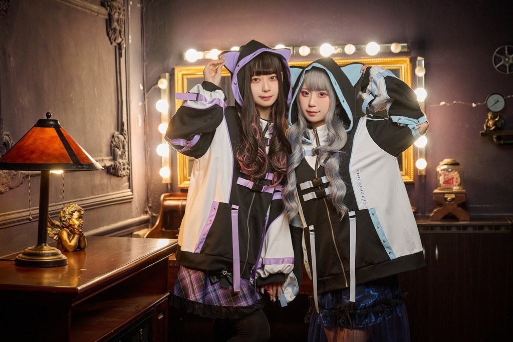 Jillpunk アニメ界隈 サバゲー テック 電脳サイバー サイバー猫 サブカル 水色 二次コン パステル色ベルト 取り外し可能な袖 ゆったり 猫耳長袖パーカー フード付きジャケット オリジナル 可愛いい 男女兼用カッコいい おしゃれ