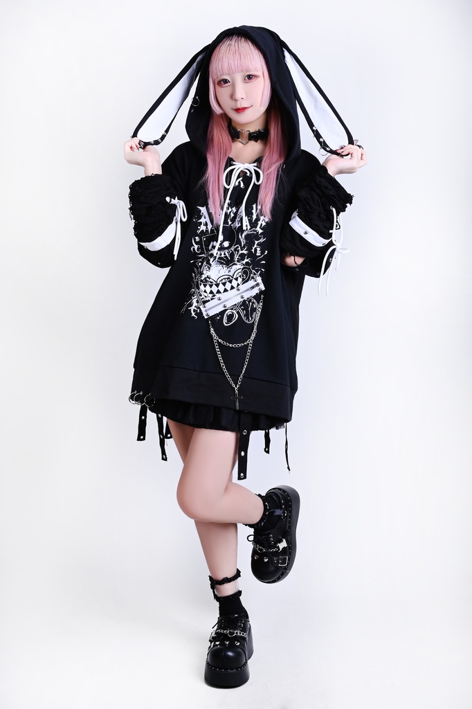 Jillpunk 可愛いパンク ハロウィン 動物 原宿V系 サキュバス兎 レースアップ 鎖チェーン スダッズ細工 アームカバー付き Vネック ゆったり 半袖 兎耳パーカー オリジナル メンズ レディーズ おしゃれ男女兼用ファッション カッコいい