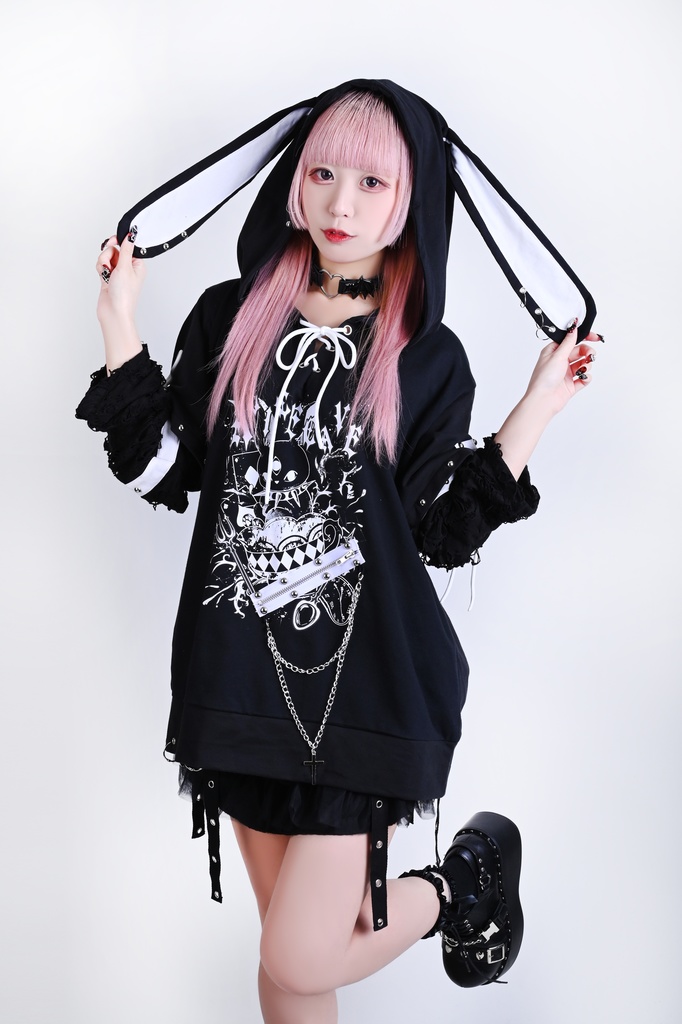 Jillpunk 可愛いパンク ハロウィン 動物 原宿V系 サキュバス兎 レースアップ 鎖チェーン スダッズ細工 アームカバー付き Vネック ゆったり 半袖 兎耳パーカー オリジナル メンズ レディーズ おしゃれ男女兼用ファッション カッコいい