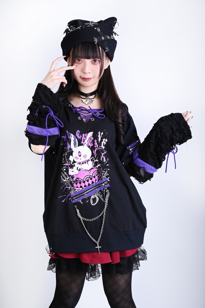 Jillpunk 可愛いパンク ハロウィン 動物 原宿V系 サキュバス兎 レースアップ 鎖チェーン スダッズ細工 アームカバー付き Vネック ゆったり 半袖 兎耳パーカー オリジナル メンズ レディーズ おしゃれ男女兼用ファッション カッコいい