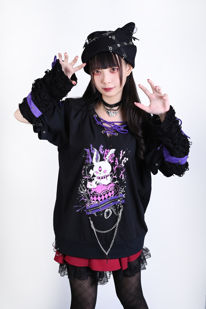 Jillpunk 可愛いパンク ハロウィン 動物 原宿V系 サキュバス兎 レースアップ 鎖チェーン スダッズ細工 アームカバー付き Vネック ゆったり 半袖 兎耳パーカー オリジナル メンズ レディーズ おしゃれ男女兼用ファッション カッコいい