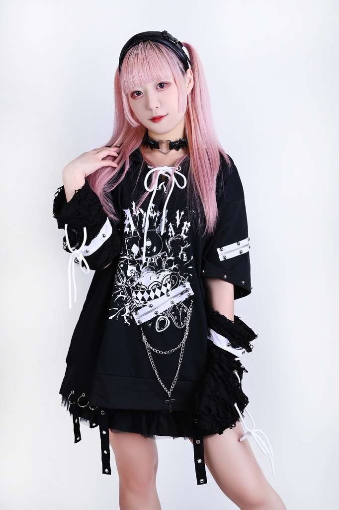 Jillpunk 可愛いパンク ハロウィン 動物 原宿V系 サキュバス兎 レースアップ 鎖チェーン スダッズ細工 アームカバー付き Vネック ゆったり 半袖 兎耳パーカー オリジナル メンズ レディーズ おしゃれ男女兼用ファッション カッコいい