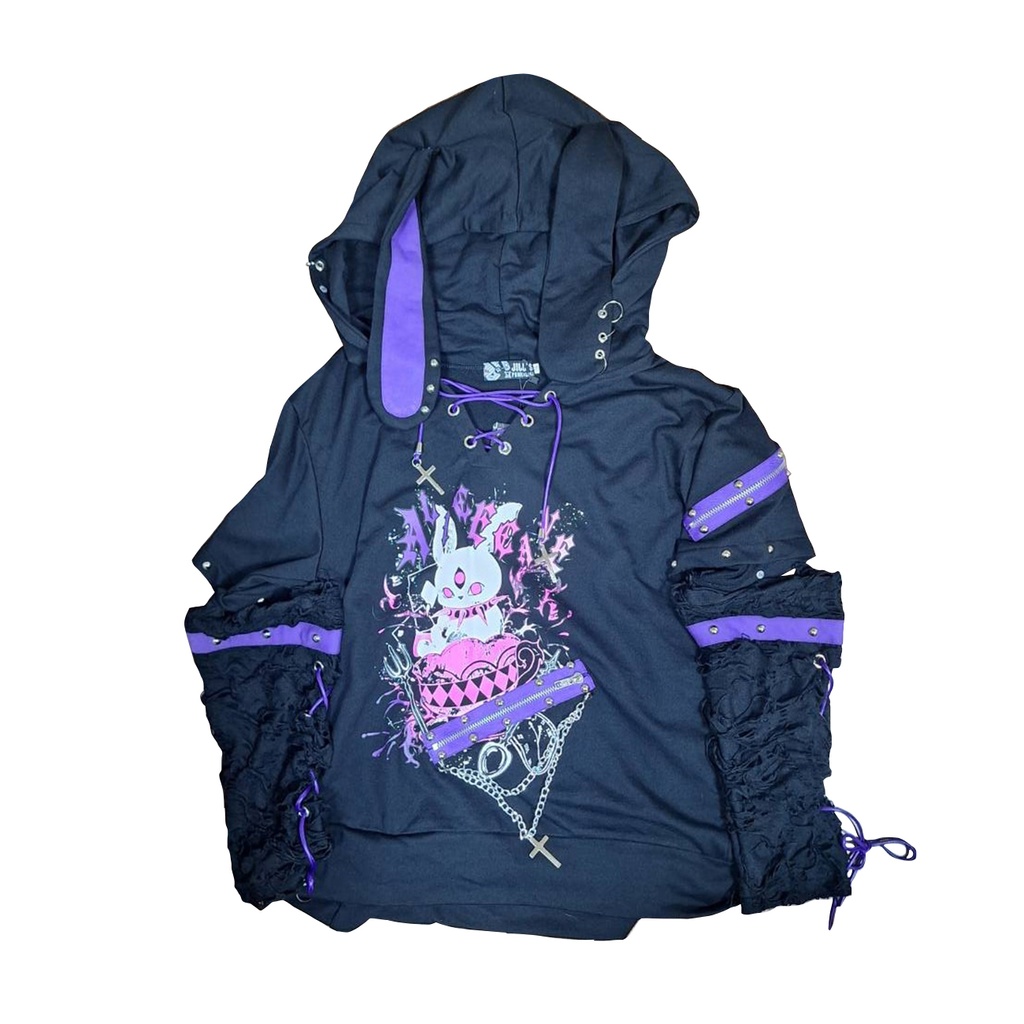 Jillpunk 可愛いパンク ハロウィン 動物 原宿V系 サキュバス兎 レースアップ 鎖チェーン スダッズ細工 アームカバー付き Vネック ゆったり 半袖 兎耳パーカー オリジナル メンズ レディーズ おしゃれ男女兼用ファッション カッコいい