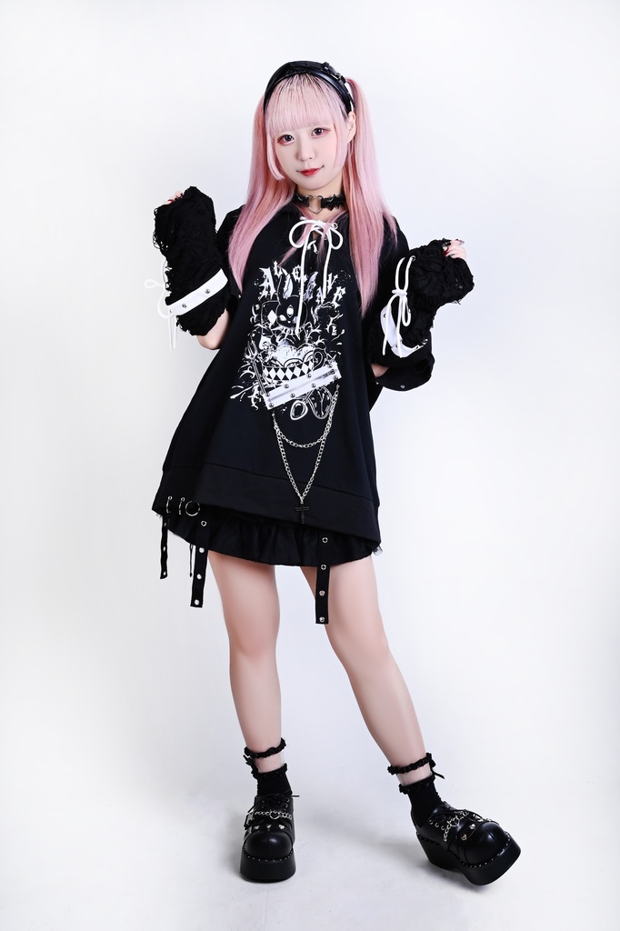 Jillpunk 可愛いパンク ハロウィン 動物 原宿V系 サキュバス兎 レースアップ 鎖チェーン スダッズ細工 アームカバー付き Vネック ゆったり 半袖 兎耳パーカー オリジナル メンズ レディーズ おしゃれ男女兼用ファッション カッコいい