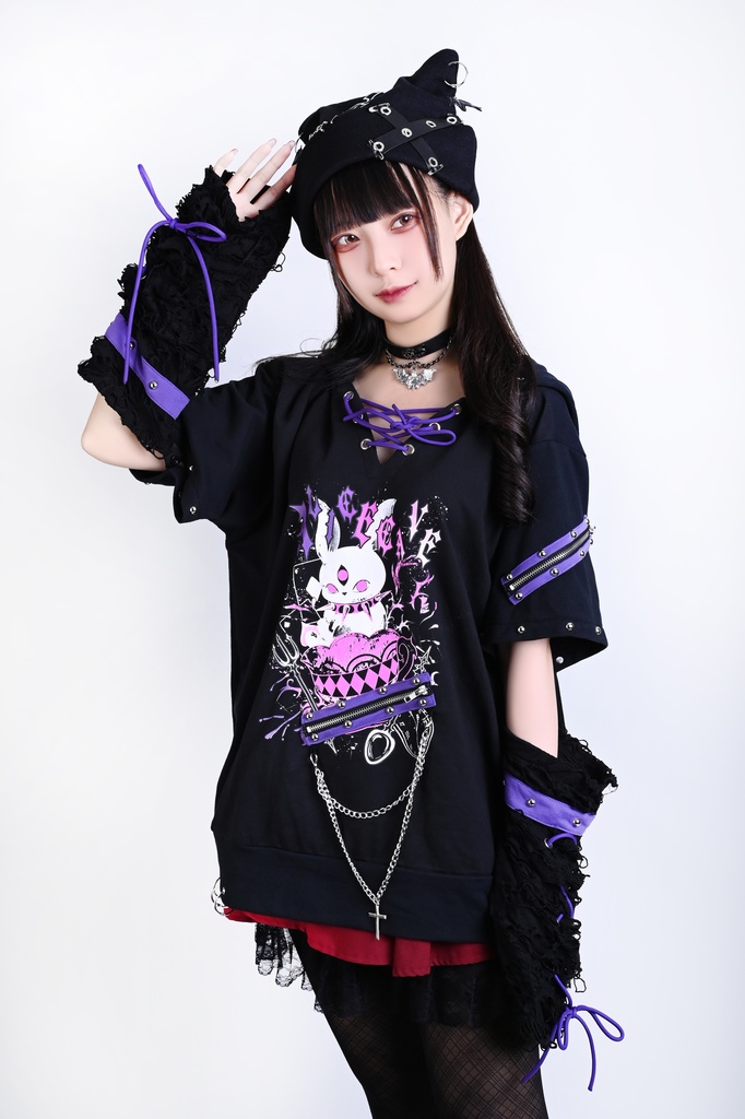 Jillpunk 可愛いパンク ハロウィン 動物 原宿V系 サキュバス兎 レースアップ 鎖チェーン スダッズ細工 アームカバー付き Vネック ゆったり 半袖 兎耳パーカー オリジナル メンズ レディーズ おしゃれ男女兼用ファッション カッコいい