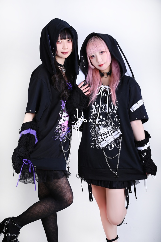 Jillpunk 可愛いパンク ハロウィン 動物 原宿V系 サキュバス兎 レースアップ 鎖チェーン スダッズ細工 アームカバー付き Vネック ゆったり 半袖 兎耳パーカー オリジナル メンズ レディーズ おしゃれ男女兼用ファッション カッコいい