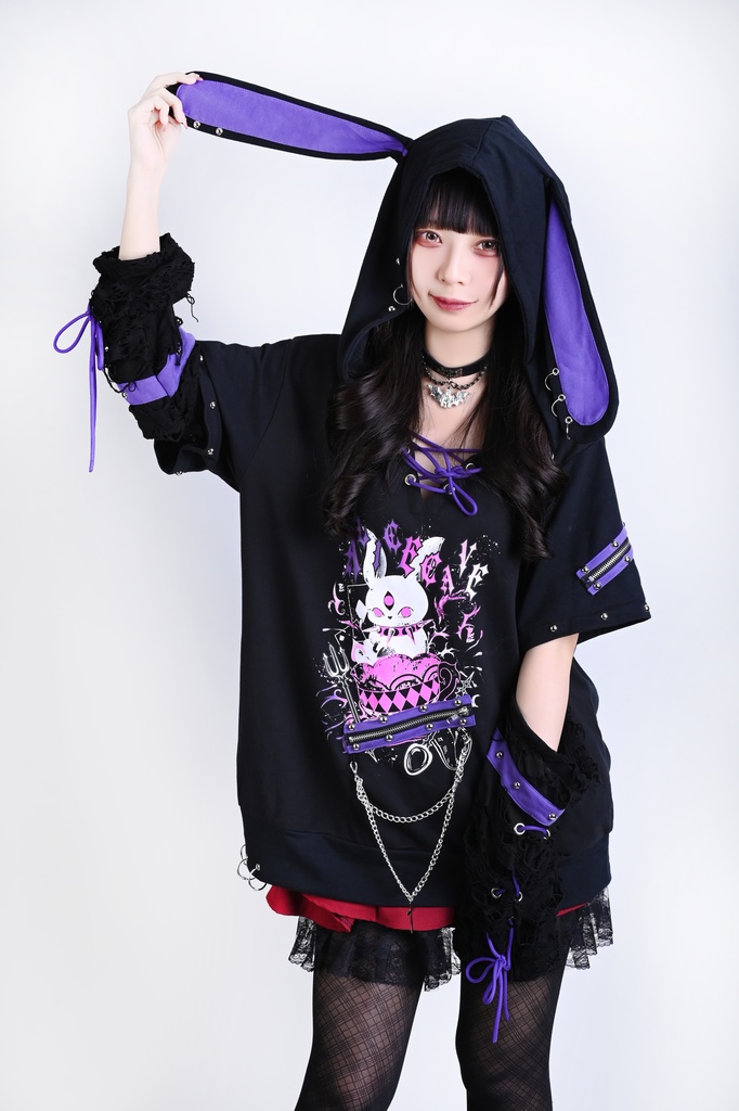 Jillpunk 可愛いパンク ハロウィン 動物 原宿V系 サキュバス兎 レースアップ 鎖チェーン スダッズ細工 アームカバー付き Vネック ゆったり 半袖 兎耳パーカー オリジナル メンズ レディーズ おしゃれ男女兼用ファッション カッコいい