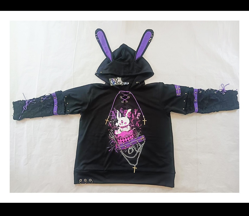 Jillpunk 可愛いパンク ハロウィン 動物 原宿V系 サキュバス兎 レースアップ 鎖チェーン スダッズ細工 アームカバー付き Vネック ゆったり 半袖 兎耳パーカー オリジナル メンズ レディーズ おしゃれ男女兼用ファッション カッコいい