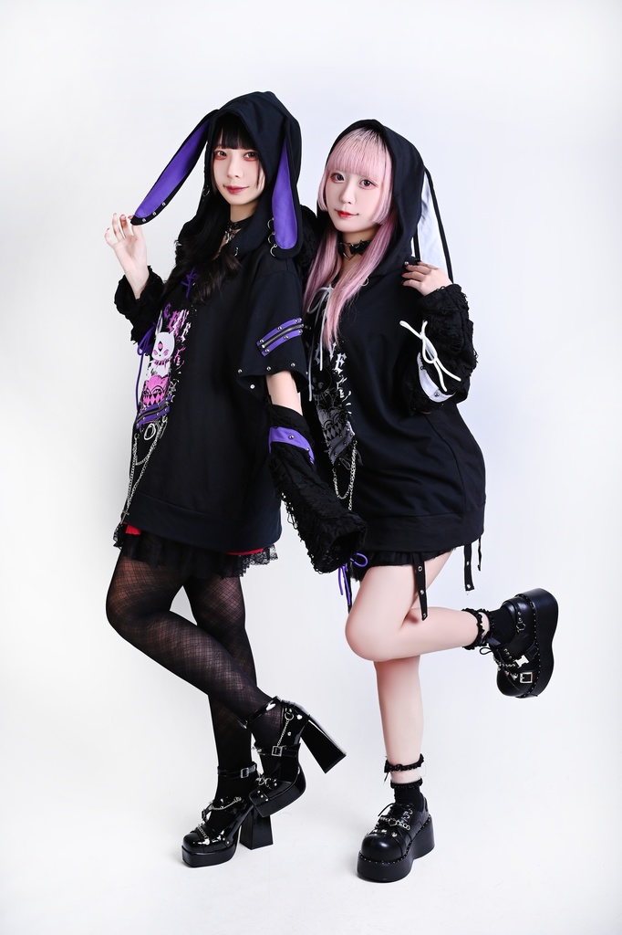 Jillpunk 可愛いパンク ハロウィン 動物 原宿V系 サキュバス兎 レースアップ 鎖チェーン スダッズ細工 アームカバー付き Vネック ゆったり 半袖 兎耳パーカー オリジナル メンズ レディーズ おしゃれ男女兼用ファッション カッコいい