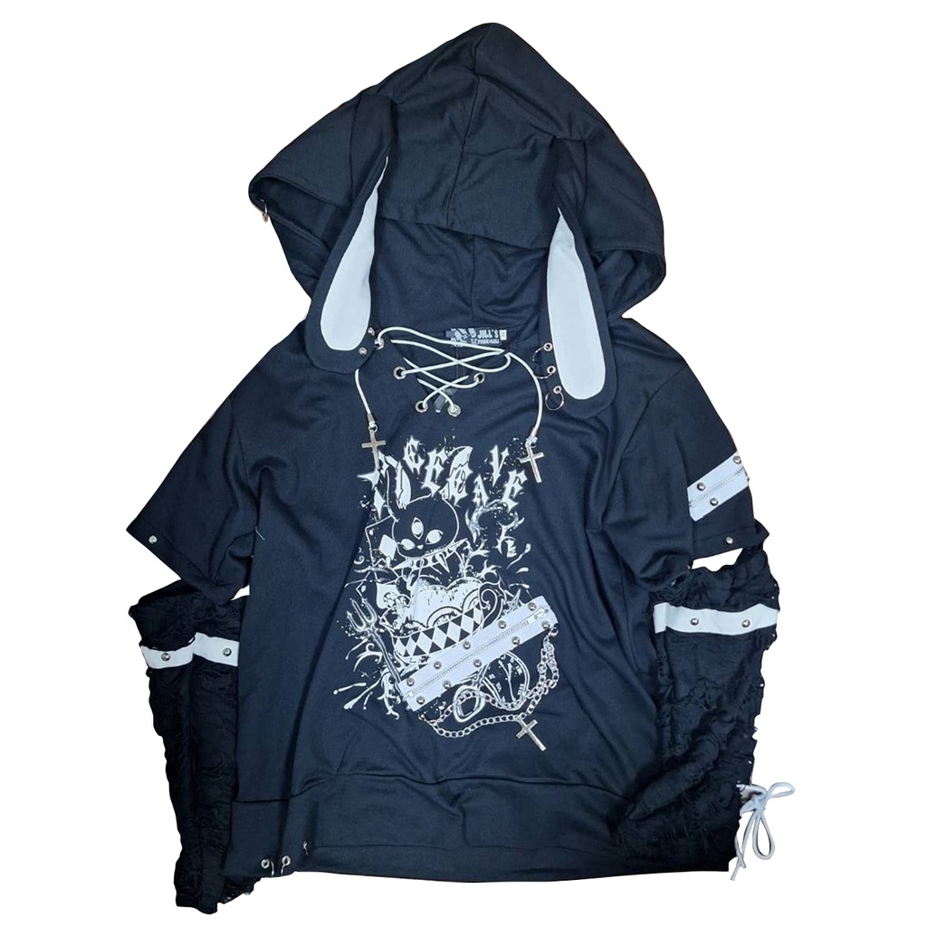 Jillpunk 可愛いパンク ハロウィン 動物 原宿V系 サキュバス兎 レースアップ 鎖チェーン スダッズ細工 アームカバー付き Vネック ゆったり 半袖 兎耳パーカー オリジナル メンズ レディーズ おしゃれ男女兼用ファッション カッコいい