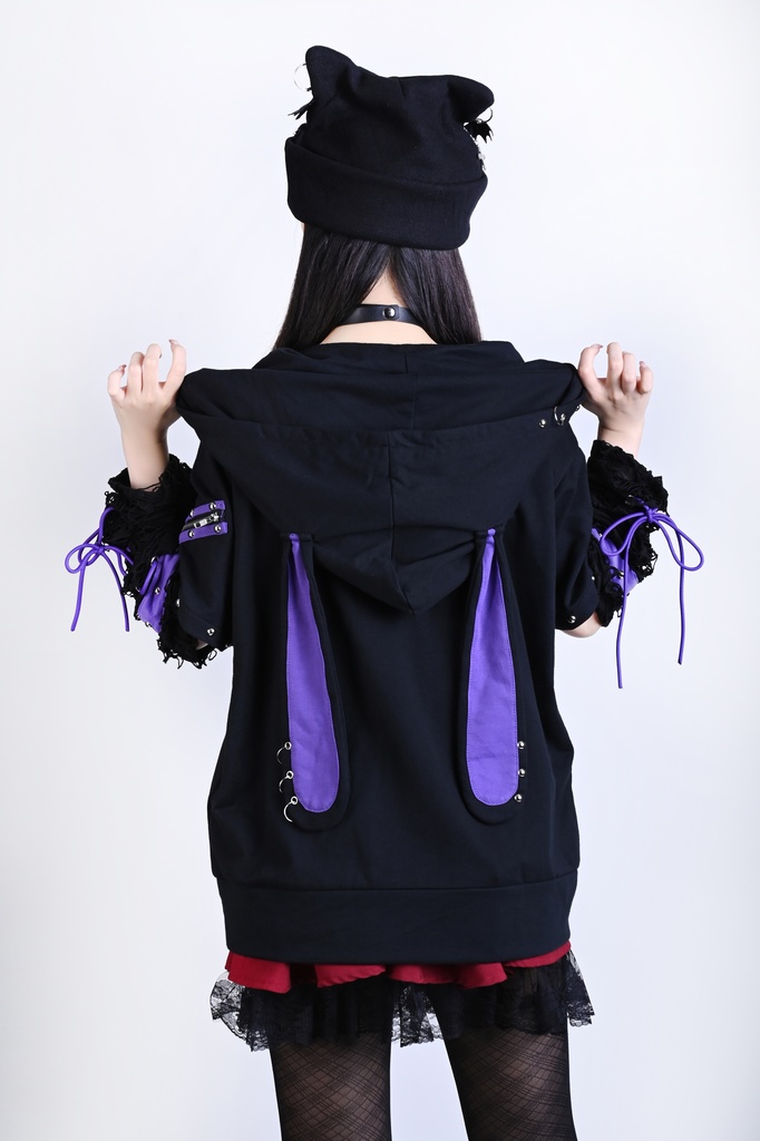 Jillpunk 可愛いパンク ハロウィン 動物 原宿V系 サキュバス兎 レースアップ 鎖チェーン スダッズ細工 アームカバー付き Vネック ゆったり 半袖 兎耳パーカー オリジナル メンズ レディーズ おしゃれ男女兼用ファッション カッコいい