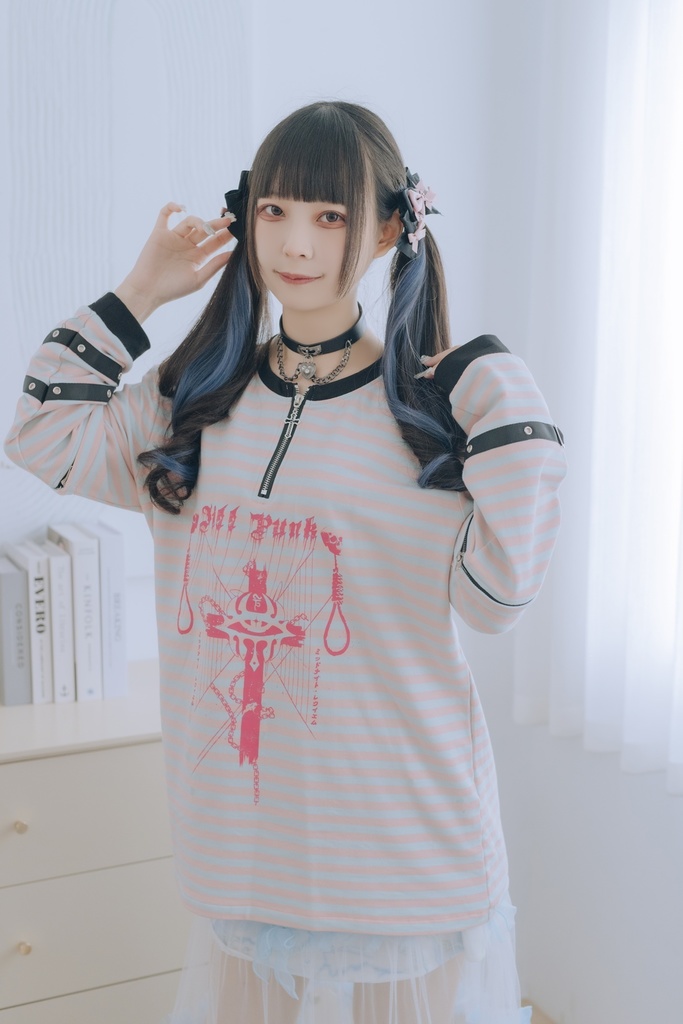 Jillpunk 復刻版 パンクロック Y2K エモい ボーダー柄 着回し利く 1/4ジップ クロスチャーム 漁網メッシュアームカバー付き 長袖ゆったり カットソーTシャツ オリジナル メンズ レディー おしゃれ男女兼用ファッション