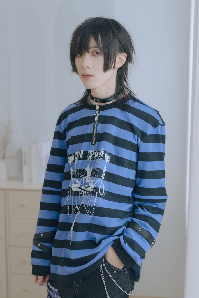 Jillpunk 復刻版 パンクロック Y2K エモい ボーダー柄 着回し利く 1/4ジップ クロスチャーム 漁網メッシュアームカバー付き 長袖ゆったり カットソーTシャツ オリジナル メンズ レディー おしゃれ男女兼用ファッション