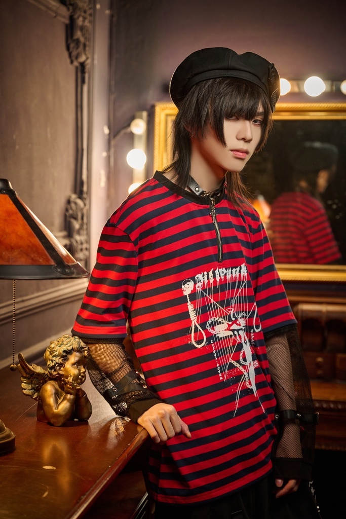 Jillpunk 復刻版 パンクロック Y2K エモい ボーダー柄 着回し利く 1/4ジップ クロスチャーム 漁網メッシュアームカバー付き 長袖ゆったり カットソーTシャツ オリジナル メンズ レディー おしゃれ男女兼用ファッション