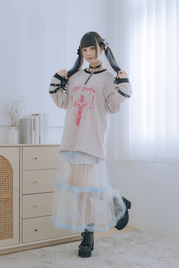 Jillpunk 復刻版 パンクロック Y2K エモい ボーダー柄 着回し利く 1/4ジップ クロスチャーム 漁網メッシュアームカバー付き 長袖ゆったり カットソーTシャツ オリジナル メンズ レディー おしゃれ男女兼用ファッション