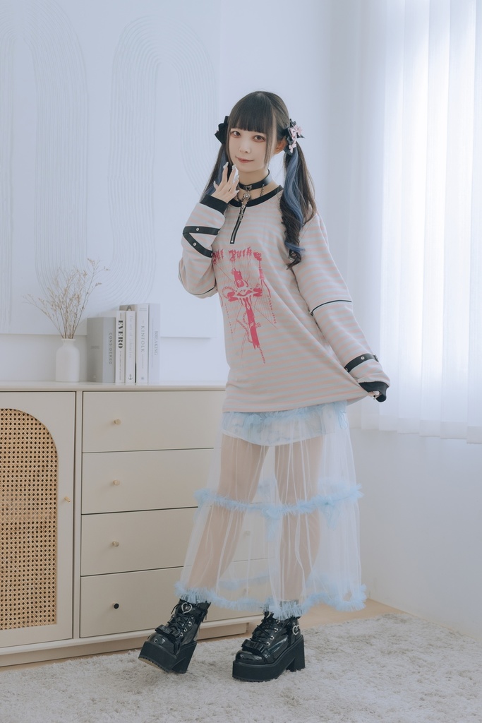 Jillpunk 復刻版 パンクロック Y2K エモい ボーダー柄 着回し利く 1/4ジップ クロスチャーム 漁網メッシュアームカバー付き 長袖ゆったり カットソーTシャツ オリジナル メンズ レディー おしゃれ男女兼用ファッション