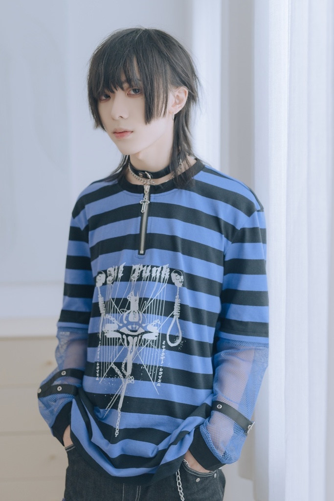 Jillpunk 復刻版 パンクロック Y2K エモい ボーダー柄 着回し利く 1/4ジップ クロスチャーム 漁網メッシュアームカバー付き 長袖ゆったり カットソーTシャツ オリジナル メンズ レディー おしゃれ男女兼用ファッション