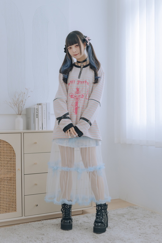 Jillpunk 復刻版 パンクロック Y2K エモい ボーダー柄 着回し利く 1/4ジップ クロスチャーム 漁網メッシュアームカバー付き 長袖ゆったり カットソーTシャツ オリジナル メンズ レディー おしゃれ男女兼用ファッション