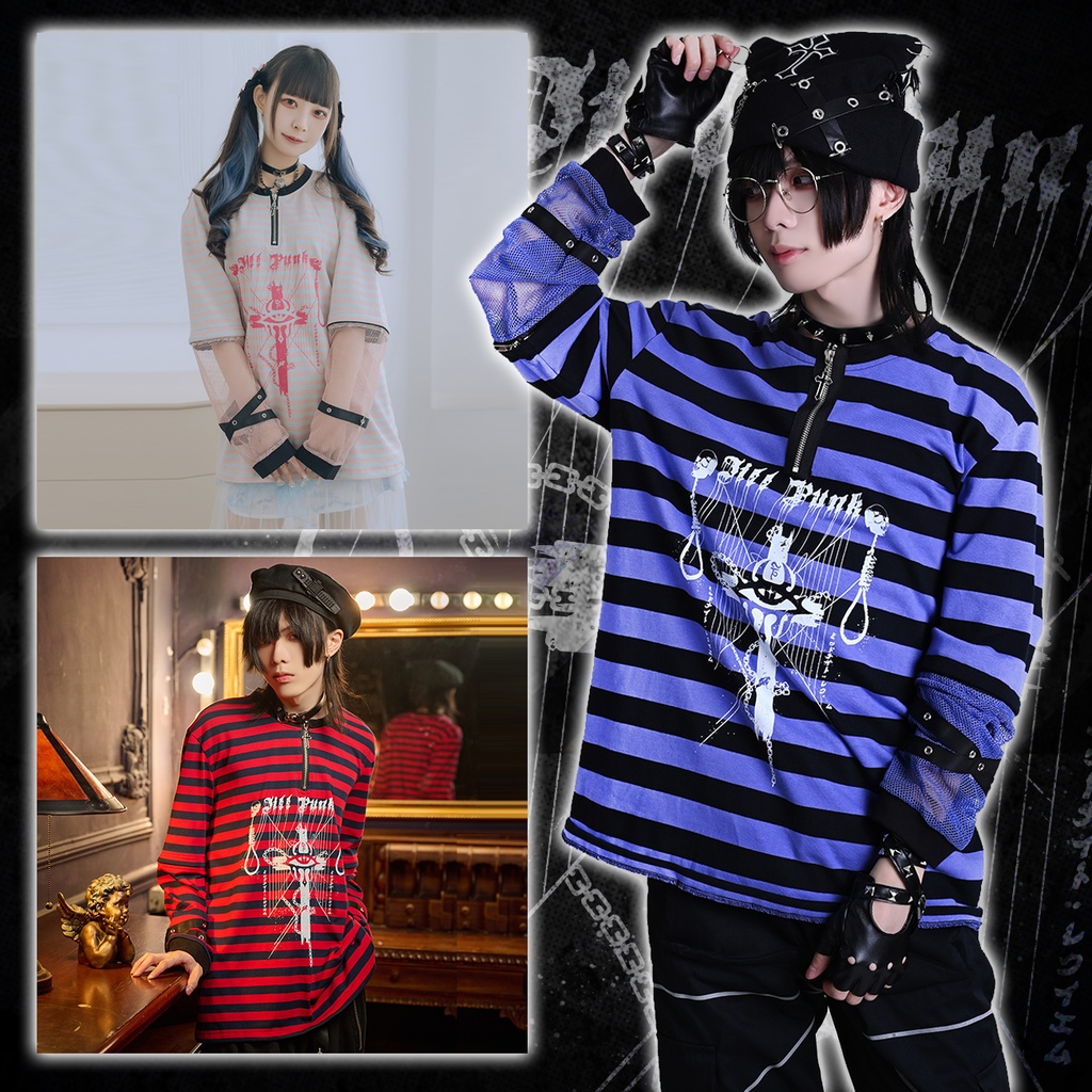 Jillpunk 復刻版 パンクロック Y2K エモい ボーダー柄 着回し利く 1/4ジップ クロスチャーム 漁網メッシュアームカバー付き 長袖ゆったり カットソーTシャツ オリジナル メンズ レディー おしゃれ男女兼用ファッション