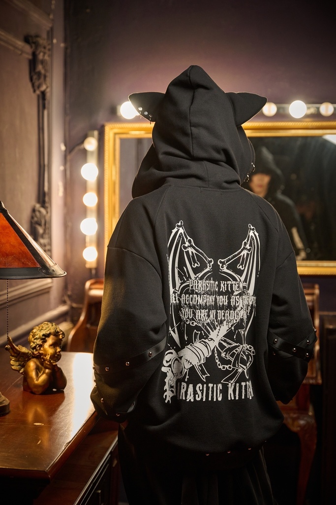 Jillpunk 可愛いパンク パラサイト猫 パンクロック 肋骨プリント デビル羽根柄 スダッズ加工 ゆったり 長袖猫耳パーカー フードジャケット オリジナル メンズ レディー V系 おしゃれ カッコいい 男女兼用