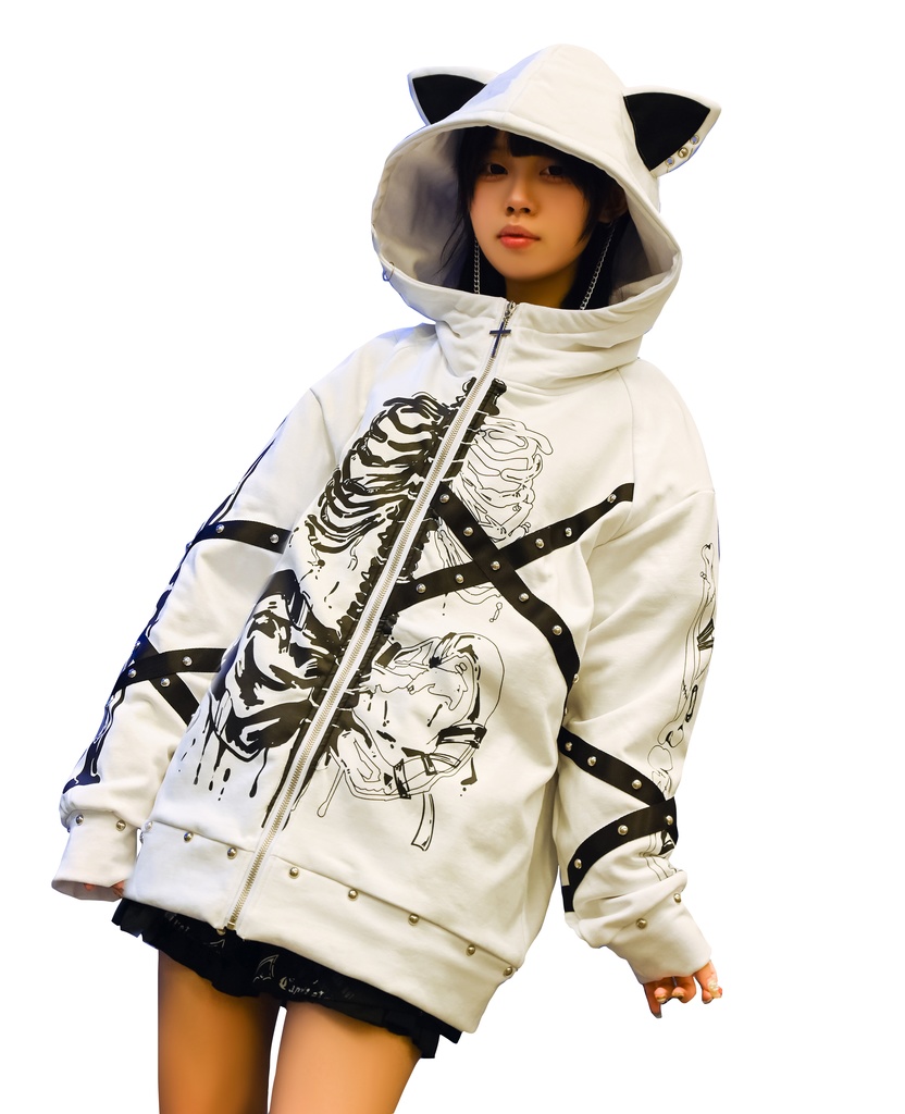 Jillpunk 可愛いパンク パラサイト猫 パンクロック 肋骨プリント デビル羽根柄 スダッズ加工 ゆったり 長袖猫耳パーカー フードジャケット オリジナル メンズ レディー V系 おしゃれ カッコいい 男女兼用