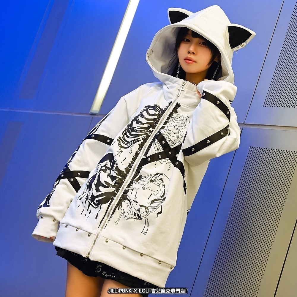 Jillpunk 可愛いパンク パラサイト猫 パンクロック 肋骨プリント デビル羽根柄 スダッズ加工 ゆったり 長袖猫耳パーカー フードジャケット オリジナル メンズ レディー V系 おしゃれ カッコいい 男女兼用