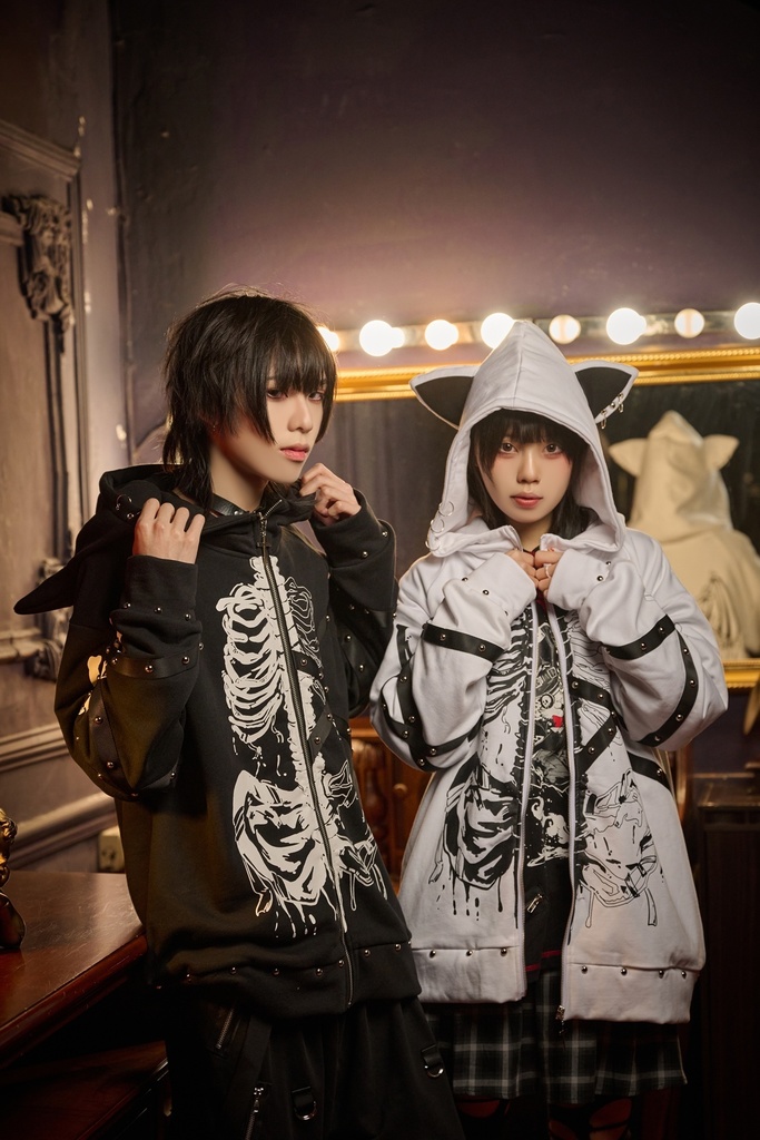 Jillpunk 可愛いパンク パラサイト猫 パンクロック 肋骨プリント デビル羽根柄 スダッズ加工 ゆったり 長袖猫耳パーカー フードジャケット オリジナル メンズ レディー V系 おしゃれ カッコいい 男女兼用