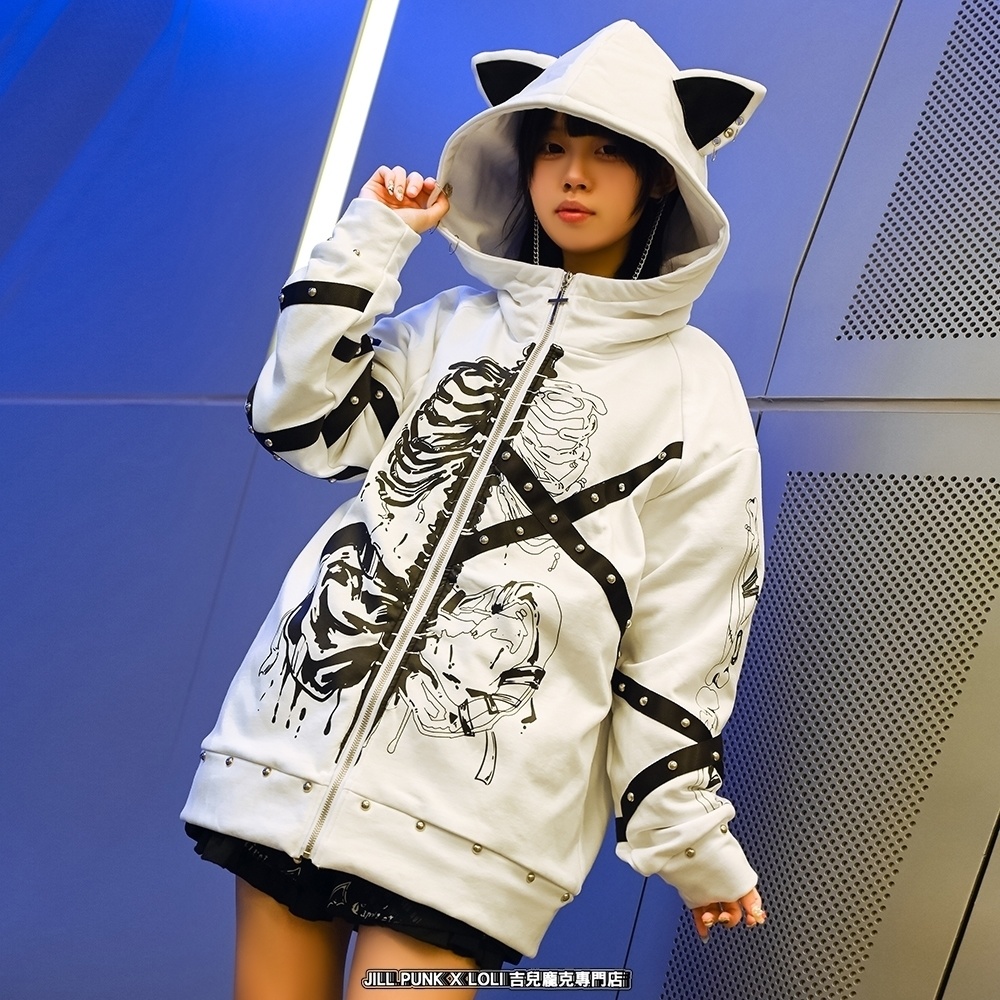 Jillpunk 可愛いパンク パラサイト猫 パンクロック 肋骨プリント デビル羽根柄 スダッズ加工 ゆったり 長袖猫耳パーカー フードジャケット オリジナル メンズ レディー V系 おしゃれ カッコいい 男女兼用