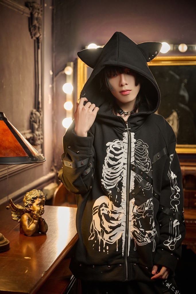 Jillpunk 可愛いパンク パラサイト猫 パンクロック 肋骨プリント デビル羽根柄 スダッズ加工 ゆったり 長袖猫耳パーカー フードジャケット オリジナル メンズ レディー V系 おしゃれ カッコいい 男女兼用