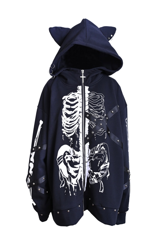 Jillpunk 可愛いパンク パラサイト猫 パンクロック 肋骨プリント デビル羽根柄 スダッズ加工 ゆったり 長袖猫耳パーカー フードジャケット オリジナル メンズ レディー V系 おしゃれ カッコいい 男女兼用