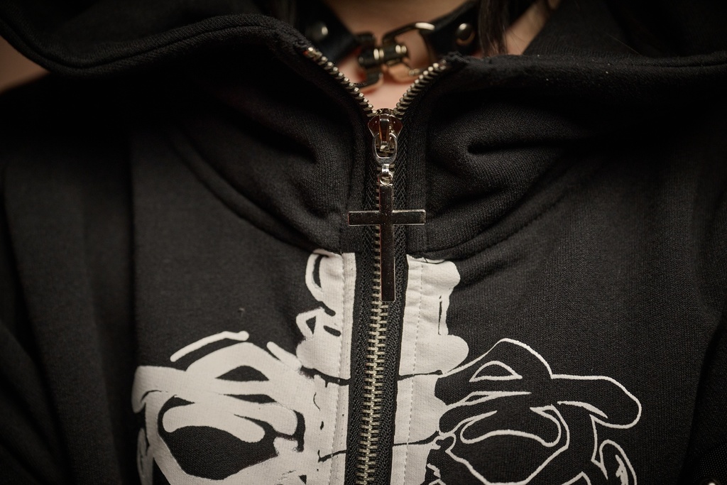 Jillpunk 可愛いパンク パラサイト猫 パンクロック 肋骨プリント デビル羽根柄 スダッズ加工 ゆったり 長袖猫耳パーカー フードジャケット オリジナル メンズ レディー V系 おしゃれ カッコいい 男女兼用