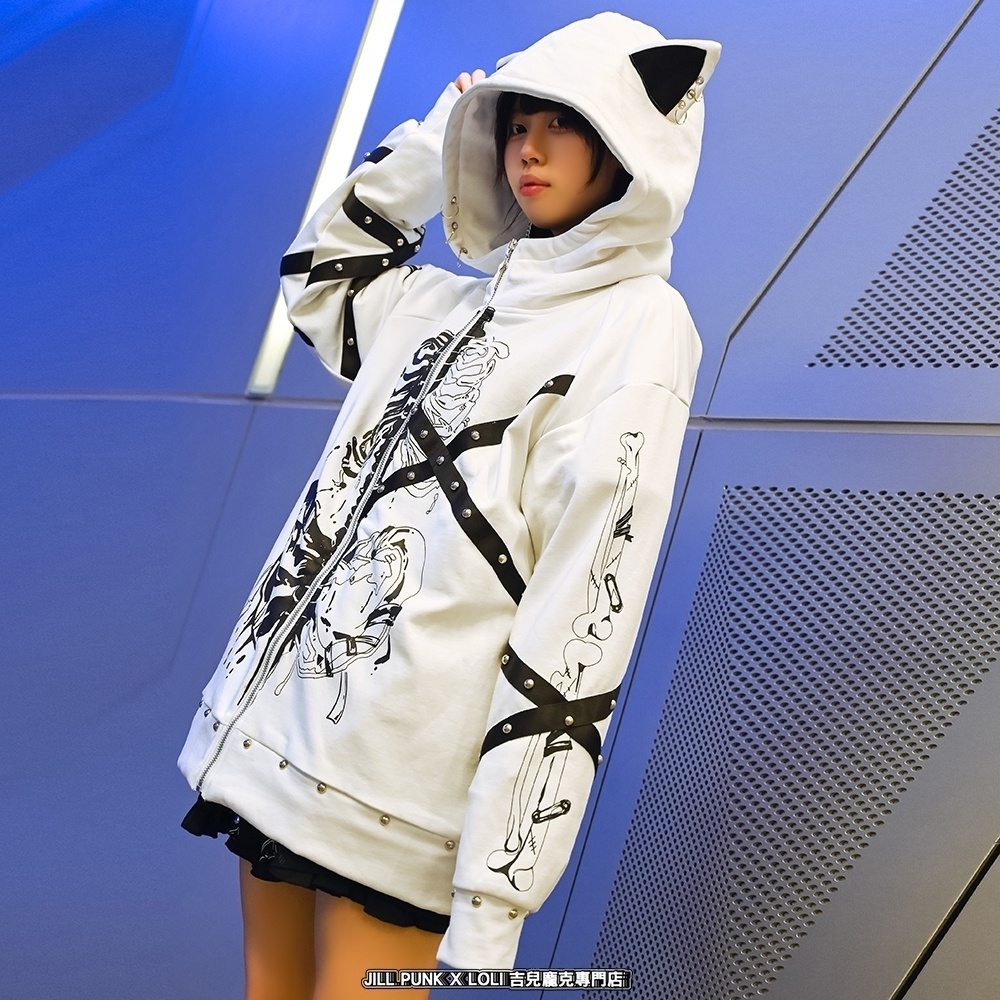 Jillpunk 可愛いパンク パラサイト猫 パンクロック 肋骨プリント デビル羽根柄 スダッズ加工 ゆったり 長袖猫耳パーカー フードジャケット オリジナル メンズ レディー V系 おしゃれ カッコいい 男女兼用