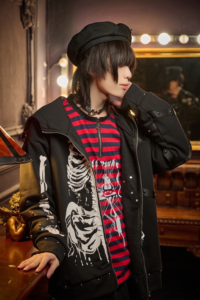 Jillpunk 可愛いパンク パラサイト猫 パンクロック 肋骨プリント デビル羽根柄 スダッズ加工 ゆったり 長袖猫耳パーカー フードジャケット オリジナル メンズ レディー V系 おしゃれ カッコいい 男女兼用