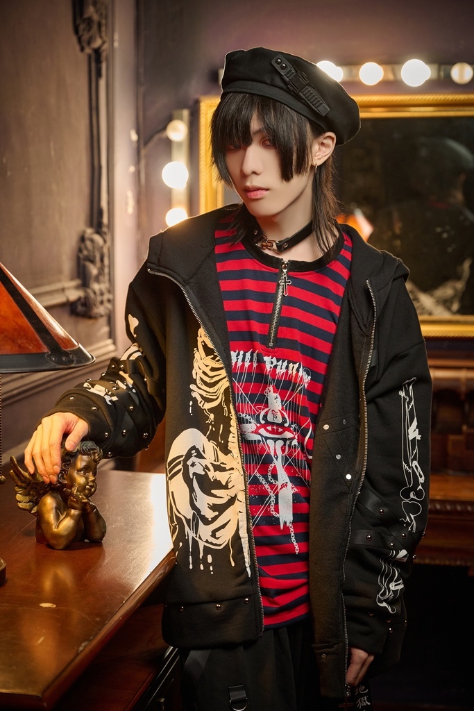 Jillpunk 可愛いパンク パラサイト猫 パンクロック 肋骨プリント デビル羽根柄 スダッズ加工 ゆったり 長袖猫耳パーカー フードジャケット オリジナル メンズ レディー V系 おしゃれ カッコいい 男女兼用