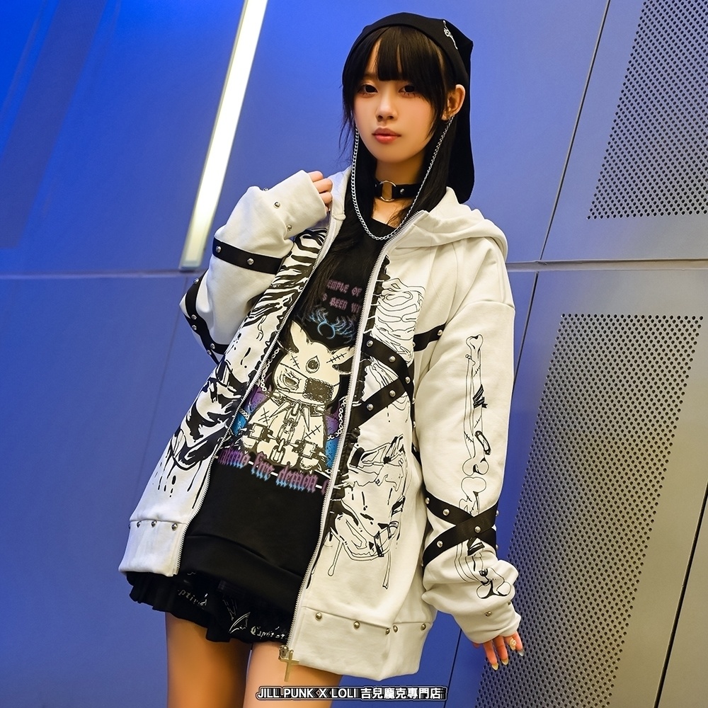 Jillpunk 可愛いパンク パラサイト猫 パンクロック 肋骨プリント デビル羽根柄 スダッズ加工 ゆったり 長袖猫耳パーカー フードジャケット オリジナル メンズ レディー V系 おしゃれ カッコいい 男女兼用