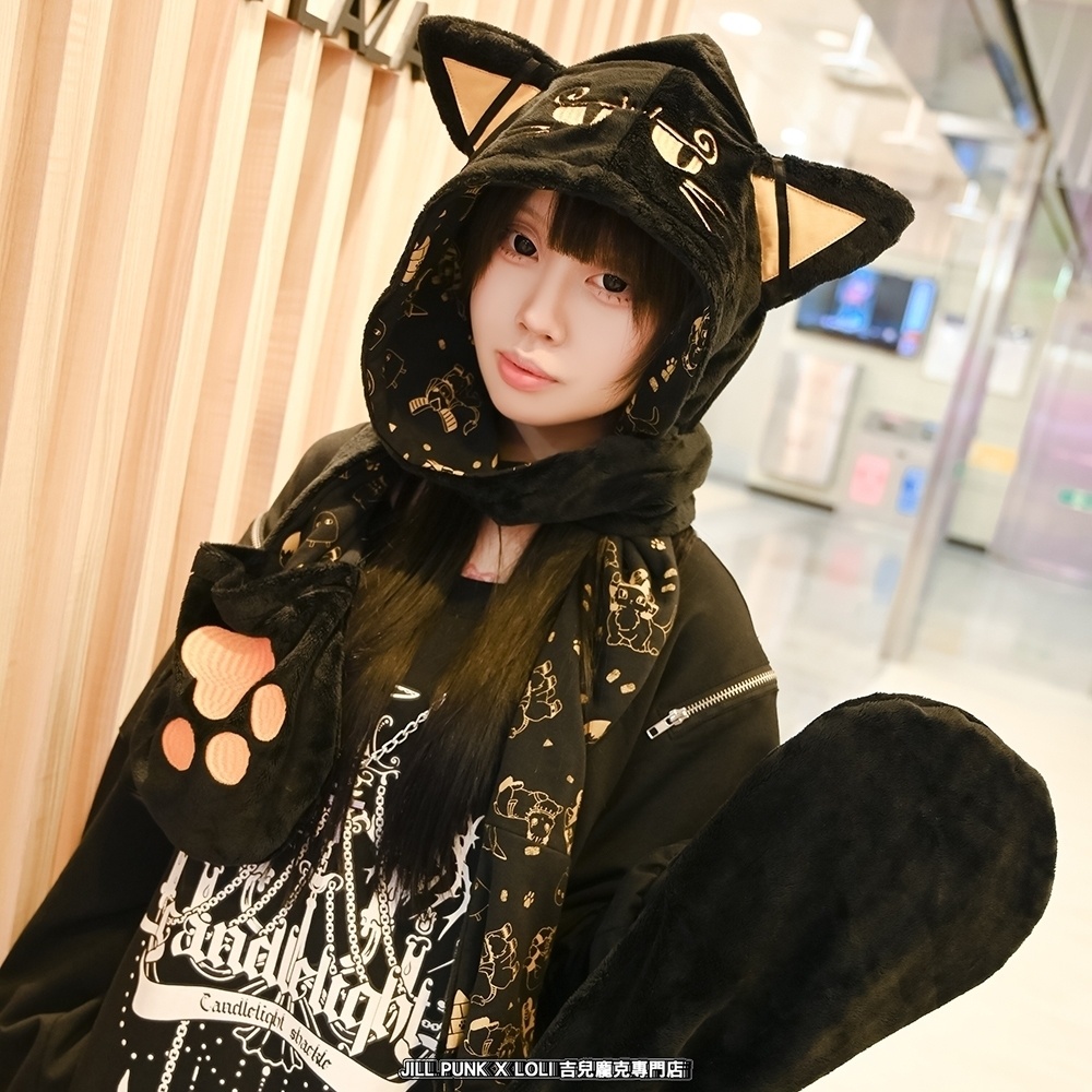 Jillpunk芝麻コラボ お宅 ニ次コン エジプト神話ベビー バステト猫の女神 フード付き 総柄裏地 肉球刺繍 ふわもこスカーフ 手袋マフラー オリジナル メンズ レディーズ おしゃれ 男女兼用 ファッション 秋葉系 可愛い 猫系