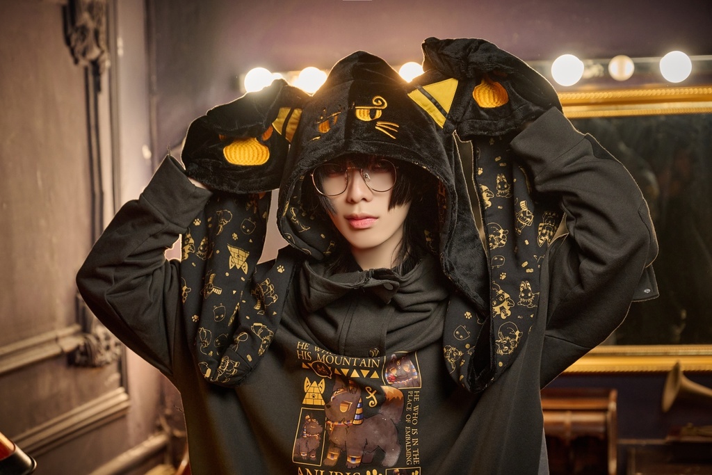 Jillpunk芝麻コラボ お宅 ニ次コン エジプト神話ベビー バステト猫の女神 フード付き 総柄裏地 肉球刺繍 ふわもこスカーフ 手袋マフラー オリジナル メンズ レディーズ おしゃれ 男女兼用 ファッション 秋葉系 可愛い 猫系