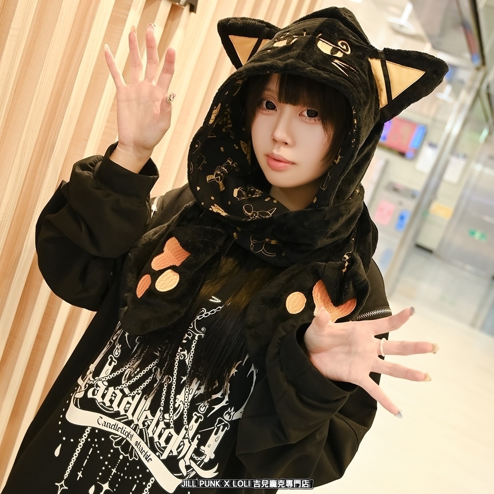 Jillpunk芝麻コラボ お宅 ニ次コン エジプト神話ベビー バステト猫の女神 フード付き 総柄裏地 肉球刺繍 ふわもこスカーフ 手袋マフラー オリジナル メンズ レディーズ おしゃれ 男女兼用 ファッション 秋葉系 可愛い 猫系