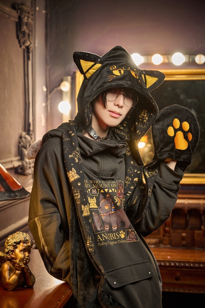 Jillpunk芝麻コラボ お宅 ニ次コン エジプト神話ベビー バステト猫の女神 フード付き 総柄裏地 肉球刺繍 ふわもこスカーフ 手袋マフラー オリジナル メンズ レディーズ おしゃれ 男女兼用 ファッション 秋葉系 可愛い 猫系