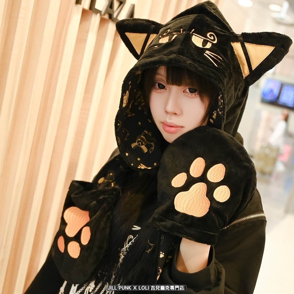 Jillpunk芝麻コラボ お宅 ニ次コン エジプト神話ベビー バステト猫の女神 フード付き 総柄裏地 肉球刺繍 ふわもこスカーフ 手袋マフラー オリジナル メンズ レディーズ おしゃれ 男女兼用 ファッション 秋葉系 可愛い 猫系