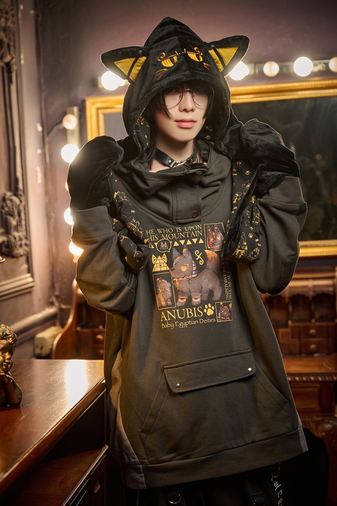 Jillpunk芝麻コラボ お宅 ニ次コン エジプト神話ベビー バステト猫の女神 フード付き 総柄裏地 肉球刺繍 ふわもこスカーフ 手袋マフラー オリジナル メンズ レディーズ おしゃれ 男女兼用 ファッション 秋葉系 可愛い 猫系