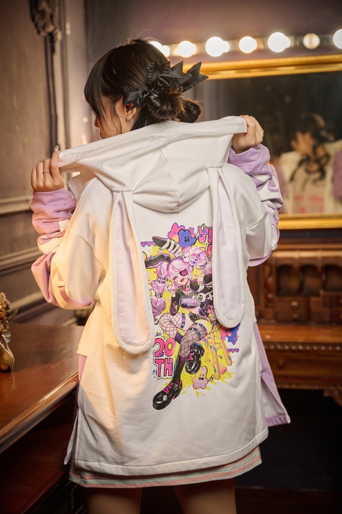 Jillpunk 20周年限定 お宅 アニメ界隈 台湾画師空罐王コラボ ワークスペック 重ね着風 ゆったり 兎耳パーカー メッシュカーゴポケット フード付きジャケット オリジナルメンズ レディー おしゃれ 男女兼用ファッション秋葉系
