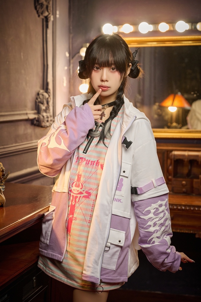 Jillpunk 20周年限定 お宅 アニメ界隈 台湾画師空罐王コラボ ワークスペック 重ね着風 ゆったり 兎耳パーカー メッシュカーゴポケット フード付きジャケット オリジナルメンズ レディー おしゃれ 男女兼用ファッション秋葉系