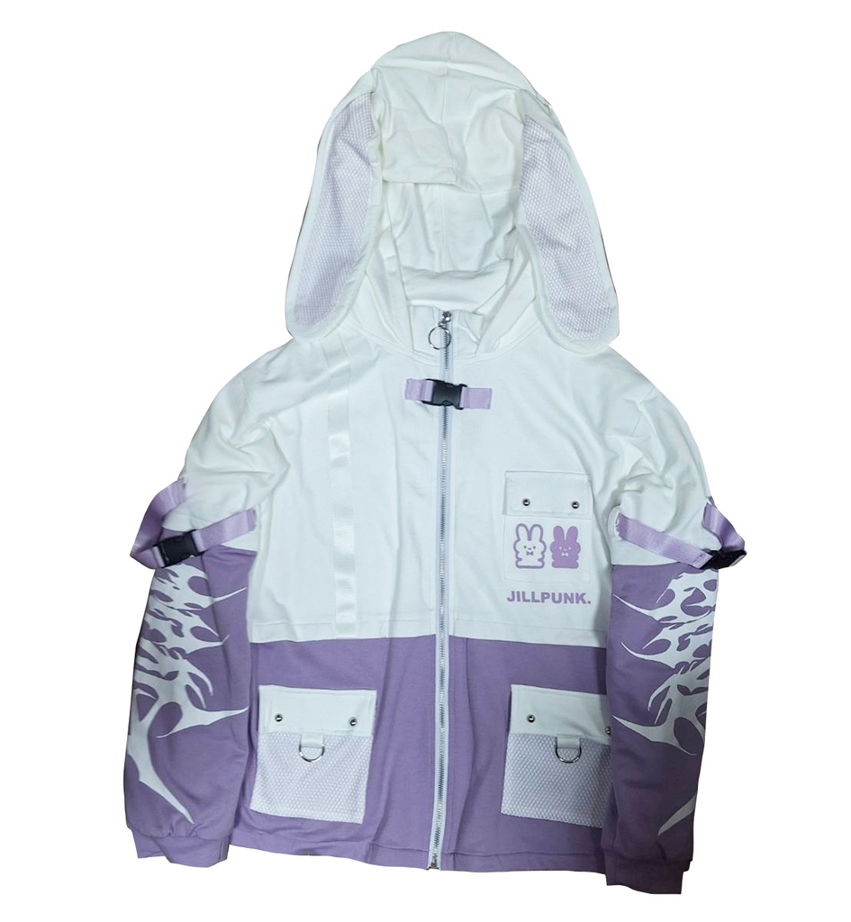 Jillpunk 20周年限定 お宅 アニメ界隈 台湾画師空罐王コラボ ワークスペック 重ね着風 ゆったり 兎耳パーカー メッシュカーゴポケット フード付きジャケット オリジナルメンズ レディー おしゃれ 男女兼用ファッション秋葉系