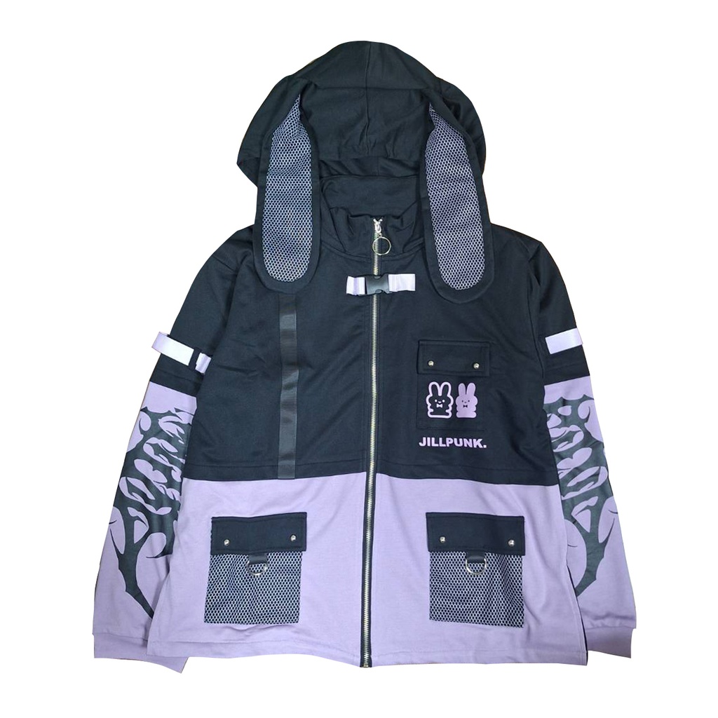 Jillpunk 20周年限定 お宅 アニメ界隈 台湾画師空罐王コラボ ワークスペック 重ね着風 ゆったり 兎耳パーカー メッシュカーゴポケット フード付きジャケット オリジナルメンズ レディー おしゃれ 男女兼用ファッション秋葉系